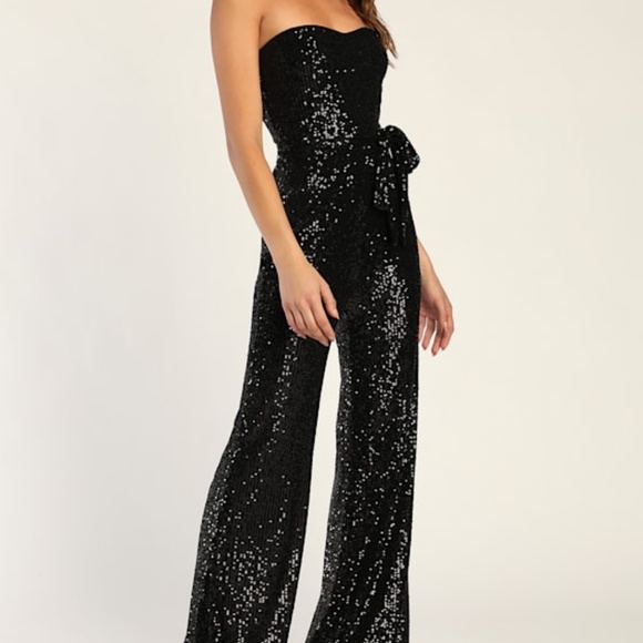 Lulus Flirty Moves Black Sequin Strapless Wide-leg Jumpsuit - Size L - Picture 1 of 1